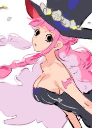 Rule 34 | 1girl, arm tattoo, black dress, black eyes, blunt bangs, breasts, dress, floating hair, hair bun, hat, large breasts, looking at viewer, one piece, perona, pink hair, profile, raine (acke2445), sidelocks, simple background, solo, strapless, strapless dress, tattoo, top hat, upper body, white background