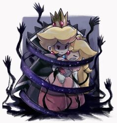 Rule 34 | 2girls, blonde hair, closed eyes, commshoo, crown, darkness, dress, dual persona, earrings, elbow gloves, eyeshadow, gloves, hand on another&#039;s cheek, hand on another&#039;s face, hand on another&#039;s waist, highres, jewelry, long hair, looking at viewer, makeup, mario (series), multiple girls, nintendo, paper mario, paper mario: the thousand year door, parted lips, pink dress, princess peach, puffy short sleeves, puffy sleeves, purple dress, purple eyeshadow, purple gloves, purple lips, shaded face, shadow hands, shadow queen, short sleeves, smirk, sphere earrings, white gloves