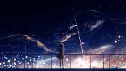 Rule 34 | 1girl, brown hair, cloud, commentary request, dress, fantasy, floating hair, from behind, highres, lamppost, light particles, long hair, original, railing, scenery, shoes, short sleeves, sky, solo, star (sky), starry sky, white dress, y y (ysk ygc)
