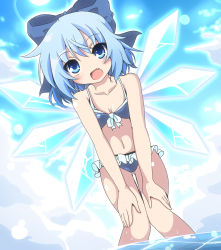 Rule 34 | 1girl, :d, bent over, bikini, blue bikini, blue eyes, blue hair, blue sky, blush, cirno, cloud, do (4-rt), dutch angle, fang, fangs, hair ribbon, highres, ice, ice wings, looking at viewer, matching hair/eyes, navel, open mouth, partially submerged, ribbon, short hair, sky, smile, solo, swimsuit, touhou, wading, water, wet, wings