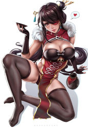 Rule 34 | 1girl, beidou (genshin impact), black hair, black thighhighs, breasts, bust cup, china dress, chinese clothes, cleavage, cleavage cutout, clothing cutout, crossed legs, cup, dandon fuga, dress, eyepatch, feet, fingerless gloves, fur trim, genshin impact, gloves, gourd, hair ornament, hairpin, heart, highres, large breasts, leaning back, long hair, looking at viewer, panties, seductive smile, simple background, sitting, smile, solo, spread legs, teacup, thighhighs, underwear