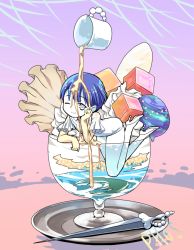 Rule 34 | 1other, amimi, androgynous, blue hair, blunt bangs, character name, colored skin, cream, desert, dessert, food, full body, golden arms, hand rest, high heels, houseki no kuni, ice cream, looking at viewer, one eye closed, parfait, phosphophyllite, phosphophyllite (ll), short hair, smile, solo, spoilers, sword, weapon, white eyes, white skin