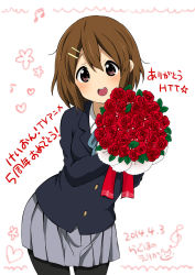 Rule 34 | 1girl, anniversary, artist name, blazer, blush, bouquet, brown eyes, brown hair, dated, female focus, flower, hair ornament, hairclip, heart, hirasawa yui, jacket, k-on!, musical note, official style, open mouth, pantyhose, quaver, ragho no erika, rose, school uniform, short hair, skirt, solo, star (symbol), translated, treble clef