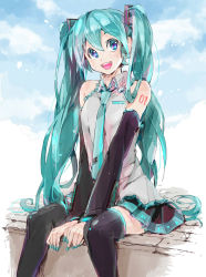 Rule 34 | 1girl, breasts, cloud, day, detached sleeves, eyelashes, green hair, green nails, gyorui (toura minato), hair ornament, hatsune miku, long hair, multicolored eyes, nail polish, necktie, open mouth, pleated skirt, sitting, sketch, skirt, sky, small breasts, smile, solo, teeth, thighhighs, twintails, very long hair, vocaloid