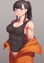 Rule 34 | 1girl, abs, bare shoulders, black hair, black tank top, blue panties, blunt bangs, breasts, cleavage, collarbone, commentary request, en&#039;en no shouboutai, firefighter, gradient background, grey background, high ponytail, highres, large breasts, looking at viewer, maki oze, muscular, muscular female, orange overalls, overalls, panties, parted lips, purple eyes, putcher, sidelocks, skin tight, solo, standing, tank top, underwear