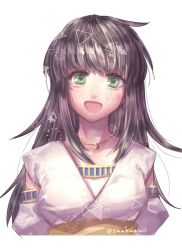 Rule 34 | 1girl, black hair, blush, detached sleeves, dress, gensou suikoden, green eyes, highres, jewelry, long hair, looking at viewer, necklace, open mouth, sakai (motomei), simple background, smile, solo, viki (suikoden), white background