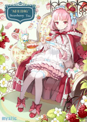 Rule 34 | 1girl, animal, animal in clothes, armchair, blunt bangs, blush, bob cut, bow, braid, cake, cake slice, chair, cloak, cocorip, crown, cup, cushion, dress, english text, fence, floral print, flower, food, frilled dress, frilled sleeves, frilled thighhighs, frills, fruit, hair bow, headband, heart, hood, hooded cloak, lace, lace-trimmed sleeves, lace trim, leaf, long sleeves, looking at viewer, macaron, original, over-kneehighs, pink hair, pony (animal), rabbit, red bow, red eyes, red footwear, saucer, see-through, shoes, short hair, sitting, smile, strawberry, strawberry shortcake, swiss roll, tea, teacup, teapot, text focus, thighhighs, twin braids, white thighhighs