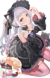 Rule 34 | 1girl, absurdres, animal ears, artist name, black dress, black headwear, black sleeves, blunt bangs, bonnet, bow, brooch, cake, cake slice, cat ears, cat girl, cat tail, center frills, choker, criss-cross halter, detached sleeves, dress, dress bow, earrings, food, frilled choker, frilled dress, frilled ribbon, frills, gurina, hair ribbon, halter dress, halterneck, highres, hololive, jewelry, layered dress, long hair, looking at viewer, murasaki shion, pantyhose, pinstripe dress, pinstripe pattern, ribbon, shiokko (murasaki shion), short dress, short eyebrows, sidelocks, silver hair, sleeveless, sleeveless dress, striped, sweets, tail, twintails, virtual youtuber, white background, wide sleeves, yellow eyes