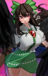 Rule 34 | + +, 1girl, ?, ??, arm cannon, bird wings, black hair, black wings, blurry, blurry background, blush, bow, breasts, cape, chest jewel, collared shirt, cowboy shot, depth of field, feathered wings, floating hair, frilled shirt collar, frills, green bow, green skirt, hair bow, highres, large breasts, long hair, looking at viewer, open mouth, perspective, puffy short sleeves, puffy sleeves, red eyes, reiuji utsuho, shirt, short sleeves, skirt, solo, starry sky print, thighs, tongue, touhou, very long hair, weapon, white cape, wings, zakozako y