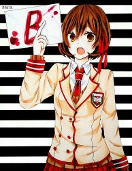 Rule 34 | 1girl, b-ko (shuuen no shiori), blazer, blood, blood stain, blood writing, brown eyes, brown hair, buttons, cardigan, character name, double-breasted, dress shirt, emblem, hair between eyes, hair ribbon, highres, holding, holding paper, index finger raised, jacket, long sleeves, marker (medium), monochrome background, necktie, open mouth, paper, plaid, plaid skirt, red necktie, red ribbon, red skirt, ribbon, sana (pixiv9845436), school emblem, school uniform, shirt, short hair, shouting, shuuen no shiori project, skirt, sleeve cuffs, striped, striped background, sweater, traditional media, upper body, white shirt, wing collar