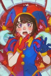Rule 34 | arms up, artist name, asymmetrical gloves, blue gloves, blush, brown hair, caine (the amazing digital circus), cropped legs, disembodied eye, gloves, hat, heterochromia, humanization, jester, jester cap, jester costume, kyubikodayana24, mismatched gloves, panicking, pomni (the amazing digital circus), puffy pants, red gloves, square, star (symbol), sweat, teeth, the amazing digital circus, triangle, two-tone eyes