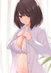 Rule 34 | 1girl, bad id, bad pixiv id, bow, bow bra, bra, breasts, brown eyes, brown hair, cccpo, cleavage, collared shirt, dress shirt, dressing, highres, large breasts, leaf, long sleeves, navel, original, panties, parted lips, shirt, short hair, solo, stomach, underwear, upper body, white bra, white shirt