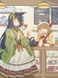 Rule 34 | 2girls, :o, ahoge, animal, animal ears, animal on shoulder, apron, black hair, brown hair, brown skirt, cat, corset, cup, ear covers, elbow rest, food, green kimono, hanging light, heichicc47, highres, horse ears, indoors, japanese clothes, kimono, long hair, long sleeves, maid headdress, manhattan cafe (umamusume), manhattan cafe (verdant night) (umamusume), multiple girls, open mouth, pleated skirt, shop, short hair, single ear cover, skirt, sleeves rolled up, smile, standing, teacup, teapot, umamusume, waist apron, wide sleeves, yellow eyes, yellow kimono, yukino bijin (tea girl snow girl) (umamusume), yukino bijin (umamusume)