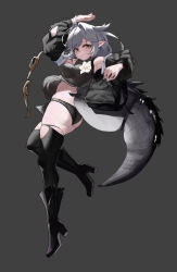 Rule 34 | 1girl, absurdres, ahoge, arknights, arm up, ass, bare shoulders, black footwear, black panties, black thighhighs, boots, breasts, commentary request, crocodilian tail, flower, full body, grey background, high heel boots, high heels, highres, l.j., large tail, long sleeves, medium breasts, panties, pointy ears, short hair, silver hair, simple background, solo, tail, thighhighs, thighs, tomimi (arknights), underwear, white flower, yellow eyes