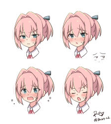 Rule 34 | 1girl, aqua eyes, blue eyes, blush, commentary request, expressions, head only, highres, kantai collection, multiple views, nose blush, pink hair, ponytail, r-king, shiranui (kancolle), short hair, signature, twitter username, upper body