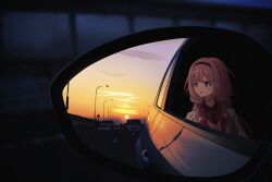 Rule 34 | 1girl, :d, arms at sides, black shirt, blue eyes, blush, bow, bowtie, car, cardigan, cloud, collared shirt, evening, hair intakes, hairband, highres, highway, jacket, lamppost, long hair, looking to the side, motor vehicle, nijisanji, nkymyura, open clothes, open jacket, open mouth, outdoors, pink cardigan, pink hair, red bow, red bowtie, red hairband, shirt, side-view mirror, sidelocks, smile, solo, sunset, suo sango, truck, upper body, v-neck, virtual youtuber, white jacket