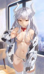 Rule 34 | 1girl, absurdres, animal print, areola slip, bare shoulders, bikini, breasts, cleavage, collar, collarbone, cow print, cowboy shot, day, grey bikini, grey hair, heart, highres, horns, indoors, lealhenhen, long hair, long sleeves, looking at viewer, lucifer (helltaker), medium breasts, micro bikini, navel, parted lips, red eyes, smile, solo, stomach, strap lift, swimsuit, thighhighs, very long hair, white thighhighs, window