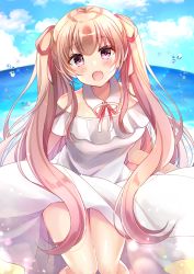 Rule 34 | 1girl, :d, bad id, bad pixiv id, bare shoulders, blue sky, blush, breasts, brown hair, cloud, cloudy sky, commentary request, day, dress, fang, hair ribbon, highres, horizon, long hair, looking at viewer, medium breasts, minami saki, moe2020, neck ribbon, ocean, off-shoulder dress, off shoulder, open mouth, original, outdoors, red ribbon, ribbon, sky, smile, solo, twintails, very long hair, water, water drop, white dress