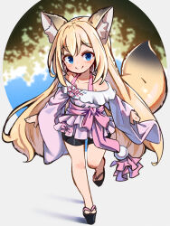 Rule 34 | 1girl, animal ear fluff, animal ears, bare shoulders, bike shorts, black footwear, black shorts, blonde hair, blue eyes, blush, closed mouth, commentary, commission, copyright request, dress, english commentary, fox ears, fox girl, fox tail, full body, highres, kuro kosyou, long hair, long sleeves, looking at viewer, off-shoulder dress, off shoulder, pink dress, sandals, short shorts, shorts, skeb commission, sleeves past wrists, smile, solo, standing, standing on one leg, tail, very long hair, wide sleeves, zouri