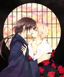 Rule 34 | 2boys, blonde hair, brown eyes, brown hair, collarbone, hand on another&#039;s arm, ieeri (akari88), japanese clothes, long hair, looking at another, male focus, matoba seiji, multiple boys, natsume takashi, natsume yuujinchou, parted lips, round window, window, yaoi