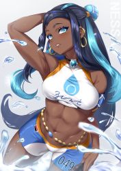 Rule 34 | 1girl, arm behind head, armlet, armpits, belly chain, bikini, black hair, blue eyes, blue hair, blush, breasts, clothes writing, collarbone, commentary, commentary request, contrapposto, cowboy shot, creatures (company), dark-skinned female, dark skin, earrings, english commentary, game freak, gloves, grey background, gym leader, hair bun, highres, hoop earrings, jewelry, legs apart, long hair, looking at viewer, medium breasts, moisture (chichi), multicolored hair, navel, necklace, nessa (pokemon), nintendo, parted bangs, parted lips, poke ball, pokemon, pokemon swsh, revision, sidelocks, simple background, single hair bun, smile, solo, standing, steam, swimsuit, tankini, toned, two-tone hair, water, water drop