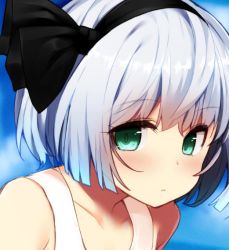 Rule 34 | 1girl, bare shoulders, black hairband, black ribbon, blue sky, blush, close-up, collarbone, commentary request, day, green eyes, hair ribbon, hairband, konpaku youmu, leaning forward, looking at viewer, nigo (aozoragarou), one-piece swimsuit, outdoors, portrait, ribbon, shirt, short hair, silver hair, sky, solo, swimsuit, tank top, touhou, white one-piece swimsuit, white shirt
