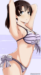Rule 34 | 1girl, :o, armpits, arms behind head, arms up, bikini, blunt bangs, blush, bow, breasts, brown eyes, brown hair, cleavage, collarbone, cowboy shot, from side, front-tie bikini top, front-tie top, katou megumi, long hair, looking at viewer, looking to the side, medium breasts, mole, mole on neck, navel, open mouth, pink hair, ponytail, saenai heroine no sodatekata, side-tie bikini bottom, solo, standing, stomach, striped, striped bow, swimsuit, tareme, tasora, twitter username, two-tone background
