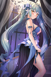 Rule 34 | 1girl, bare arms, bare shoulders, blue dress, blue hair, blush, breasts, dress, goddess of victory: nikke, hair ornament, highres, large breasts, long hair, looking at viewer, looking to the side, muwa12, official alternate costume, privaty (banquet princess) (nikke), privaty (nikke), solo, thigh strap, thighs, twintails, yellow eyes