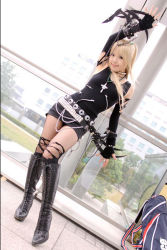 Rule 34 | 1girl, amane misa, amane misa (cosplay), asian, blade, blonde hair, blue eyes, boots, breasts, color contacts, cosplay, cross, cross necklace, death note, dutch angle, fingerless gloves, fishnet pantyhose, fishnet thighhighs, fishnets, gloves, indoors, jewelry, kipi-san, long hair, looking at viewer, miniskirt, necklace, pantyhose, photo (medium), skirt, small breasts, smile, solo, thighhighs, torn clothes, two side up