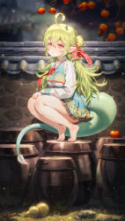 Rule 34 | 1girl, absurdres, ahoge, artist name, bare legs, barefoot, bed sheet, branch, breasts, commentary, commission, dress, english commentary, feet, frilled dress, frills, full body, gourd, grass, green dress, green hair, green horns, green ribbon, green tail, hair between eyes, hair bun, hair ribbon, hand on own arm, hand on own thigh, highres, horns, light particles, long hair, long sleeves, looking at viewer, medium breasts, multicolored ribbon, oohhya, original, outdoors, parted lips, pointy ears, red eyes, red ribbon, ribbon, rock, second-party source, shoes, single hair bun, small horns, solo, squatting, tail, tiptoes, toes, tomato, two-tone dress, unworn shoes, white dress