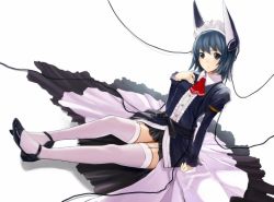 Rule 34 | 1girl, ascot, bad id, bad pixiv id, black eyes, black hair, cable, garter straps, hand on own chest, headphones, ichiko oharu, long sleeves, looking at viewer, maid, maid headdress, original, simple background, sitting, skirt, solo, thighhighs, white background, white thighhighs