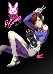 Rule 34 | 1boy, ;), animal print, arm up, artist name, black background, bodysuit, brown eyes, brown hair, blowing bubbles, character name, chewing gum, clothes writing, copyright name, d.va (overwatch), facial mark, gearous, genderswap, genderswap (ftm), gloves, gun, handgun, headphones, holding, holding gun, holding weapon, looking at viewer, male focus, matching hair/eyes, one eye closed, overwatch, overwatch 1, pointing, pointing at viewer, rabbit, rabbit print, short hair, simple background, smile, solo, v, weapon, whisker markings, white gloves