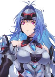 Rule 34 | 1girl, android, bare shoulders, blue hair, breasts, expressionless, forehead protector, gloves, highres, kamu (kamuuei), kos-mos, kos-mos re:, long hair, looking at viewer, red eyes, simple background, solo, standing, very long hair, xenoblade chronicles (series), xenoblade chronicles 2, xenosaga
