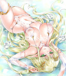 Rule 34 | 1girl, at classics, blonde hair, breasts, detached collar, elbow sleeve, elf, gold trim, green eyes, large breasts, leotard, long hair, navel, original, pointy ears, sample watermark, solo, thick thighs, thighhighs, thighs, very long hair, watermark, white thighhighs