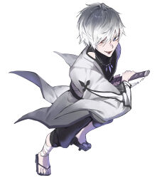 Rule 34 | 1boy, bandage on leg, black pants, black shirt, blue eyes, commission, covered collarbone, floating clothes, from above, full body, grey hair, haiiro mono, hands on hilt, heterochromia, highres, indie virtual youtuber, jacket, japanese clothes, jewelry, looking at viewer, male focus, necklace, open mouth, pants, red eyes, sandals, shirt, short hair, simple background, solo, virtual youtuber, white background, white jacket, zuraa (naunau seijin)