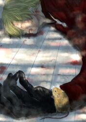 Rule 34 | 1boy, animal, black gloves, blonde hair, blood, blood on face, blood on ground, closed eyes, commentary request, curly eyebrows, facial hair, formal, gloves, hair over one eye, male focus, mouse (animal), one eye covered, one piece, s hirokujira, sanji (one piece), short hair, solo, suit, unconscious