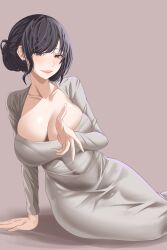 Rule 34 | 1girl, absurdres, alternate hairstyle, black hair, blush, bra visible through clothes, breasts, cleavage, collarbone, covered navel, dongtan dress, dress, elsa granhilte, grey dress, highres, huge breasts, knee up, leaning to the side, lips, long hair, long sleeves, looking at viewer, meme attire, mole, mole under eye, on floor, parted lips, purple eyes, re:zero kara hajimeru isekai seikatsu, scoop neck, simple background, smile, solo, taut clothes, taut dress, tight clothes, tight dress, ve666ve