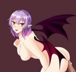 Rule 34 | 1boy, 1girl, aged up, ass, bad id, bad pixiv id, bat wings, bent over, blush, breasts, cleavage, collarbone, fangs, from side, hair between eyes, hand up, heart, heart-shaped pupils, hetero, highres, imminent penetration, large breasts, light purple hair, looking at viewer, looking to the side, nipples, no headwear, nude, open mouth, penis, pointy ears, red background, red eyes, remilia scarlet, short hair, simple background, smile, solo focus, symbol-shaped pupils, tongue, tongue out, touhou, wings, zellam