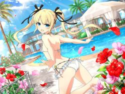 Rule 34 | 1girl, ass, back, bare arms, bare shoulders, bikini, bikini skirt, blonde hair, blue eyes, blush, bow, breasts, crossover, dead or alive, dead or alive 5, flower, hair bow, hair ornament, hands up, long hair, looking at viewer, marie rose, official art, outdoors, petals, pool, ribbon, rose, senran kagura, senran kagura new link, shoulder blades, small breasts, smile, solo, standing, swimsuit, toes, tree, twintails, white bikini, x hair ornament, yaegashi nan