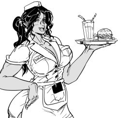 Rule 34 | 1girl, :d, apron, bb (baalbuddy), blush, breasts, burger, cleavage, contrapposto, cowboy shot, cup, dark skin, drinking glass, drinking straw, fangs, food, greyscale, hand up, highres, holding, holding tray, large breasts, looking at viewer, monochrome, name tag, notepad, open mouth, orc, original, ponytail, short sleeves, simple background, smile, solo, tray, waitress, white background