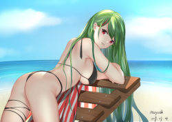 Rule 34 | 1girl, 2019, alternate costume, arched back, arm rest, artist name, ass, azur lane, back, bare shoulders, beach, bent over, bikini, black bikini, black legwear, blue sky, breasts, cloud, dated, day, eyelashes, from side, green hair, horizon, large breasts, littorio (azur lane), littorio (the glory of naples) (azur lane), long hair, looking back, maoyao-ll, multicolored hair, no eyewear, no headwear, outdoors, parted lips, red eyes, red hair, sky, smile, solo, streaked hair, swept bangs, swimsuit, thigh strap, thighs, underboob, very long hair