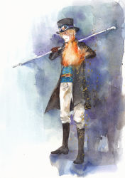 Rule 34 | 1boy, blonde hair, fire, hat, jacket, magic, male focus, one piece, pole, sabo (one piece), scar, solo, standing, top hat, weapon
