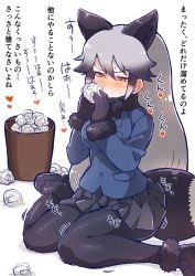 Rule 34 | 10s, 1girl, animal ears, black gloves, black pantyhose, blush, bow, bowtie, fox ears, fox tail, fur collar, fur trim, gloves, grey hair, hair between eyes, highres, holding, jacket, kemono friends, long hair, long sleeves, multicolored hair, pantyhose, plaid, plaid skirt, pleated skirt, silver fox (kemono friends), simple background, sitting, skirt, smelling, solo, tail, tanaka kusao, tissue, translation request, used tissue, white background