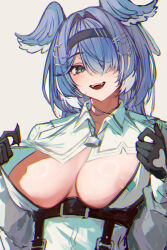Rule 34 | 1girl, absurdres, aqua eyes, areola slip, blue hair, blush, breasts, collared shirt, elira pendora, elira pendora (4th costume), fangs, gloves, hair intakes, hair ornament, hair over one eye, hairband, hairclip, head wings, highres, large breasts, lock, long hair, looking at viewer, naokomama, nijisanji, nijisanji en, no bra, open clothes, open mouth, open shirt, shirt, simple background, smile, solo, upper body, virtual youtuber, white background, white shirt, wings