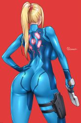 Rule 34 | 1girl, artist name, ass, backboob, blonde hair, bodysuit, breasts, butt crack, curvy, english text, female focus, from behind, gun, high ponytail, highres, hip focus, holding, holding weapon, holster, huge ass, large breasts, long hair, metroid, nintendo, onomeshin, ponytail, pouch, red background, samus aran, sideboob, simple background, skin tight, solo, standing, thick thighs, thigh holster, thighs, tight clothes, weapon, wide hips, zero suit