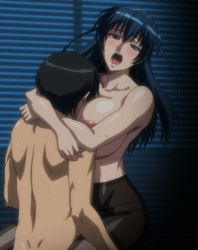 Rule 34 | 1boy, 1girl, animated, animated png, between breasts, blue hair, bouncing breasts, breasts, head between breasts, held up, highres, huge breasts, igawa asagi, indoors, long hair, looping animation, nipples, pantyhose, sawaki kousuke, sex, stitched, sweat, taimanin (series), taimanin asagi 3, thighband pantyhose, third-party edit, topless, underwear
