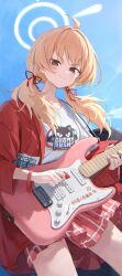 Rule 34 | 1girl, absurdres, ahoge, blonde hair, blue archive, blush, brown eyes, closed mouth, cowboy shot, electric guitar, guitar, highres, holding, holding instrument, instrument, jacket, kakutasu, long hair, long sleeves, looking at viewer, low twintails, official alternate costume, open clothes, open jacket, pink skirt, pleated skirt, red jacket, shirt, skirt, smile, solo, twintails, white shirt, yoshimi (band) (blue archive), yoshimi (blue archive)
