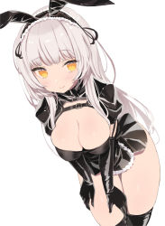 Rule 34 | 1girl, animal ears, bent over, black gloves, black ribbon, black skirt, blade (galaxist), breasts, cleavage, closed mouth, copyright request, elbow gloves, fake animal ears, gloves, grey hair, hair ribbon, large breasts, leaning back, long hair, looking at viewer, orange eyes, rabbit ears, ribbon, simple background, skirt, smile, solo, white background