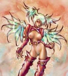 Rule 34 | 1girl, boots, breastless clothes, breasts, buckle, female focus, female pubic hair, final fantasy, final fantasy tactics, fingernails, head wings, nail, nipples, pubic hair, pussy, solo, thigh boots, thighhighs, ultima (fft), wings