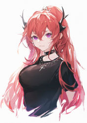 Rule 34 | 1girl, arknights, black shirt, breasts, cropped torso, fanshu, grey background, grin, hair between eyes, highres, horns, jewelry, large breasts, long hair, looking at viewer, necklace, official alternate costume, parted lips, purple eyes, red hair, shirt, simple background, smile, solo, surtr (arknights), surtr (liberte echec) (arknights), upper body, very long hair
